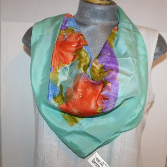 (2) Vtg Anne Klein Mint Green Floral & Pink Abstract Silk Scarf LOT - Picture 1 of 13